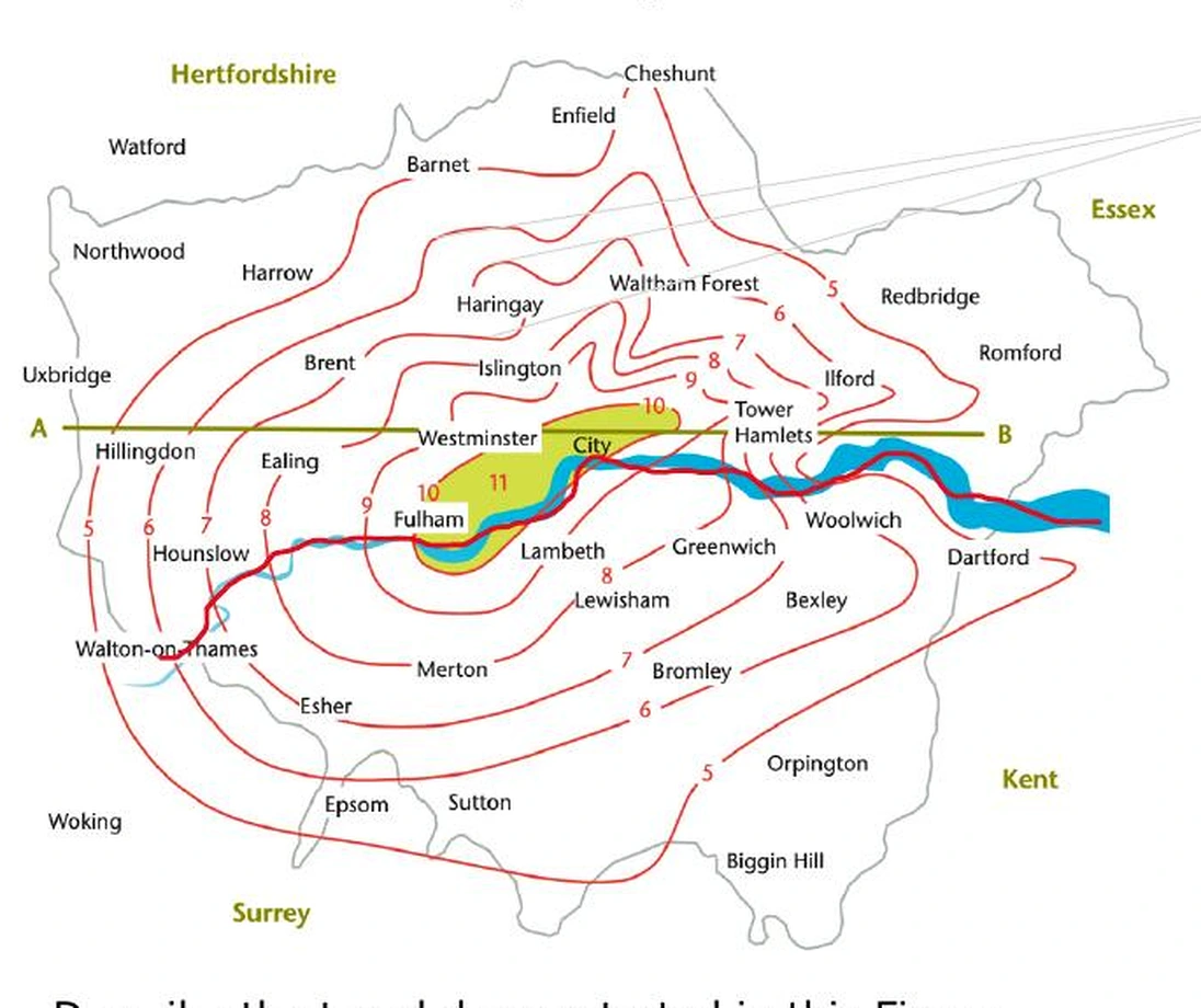 London urban heat island isotherm map showing minimum temperature contours across Greater London